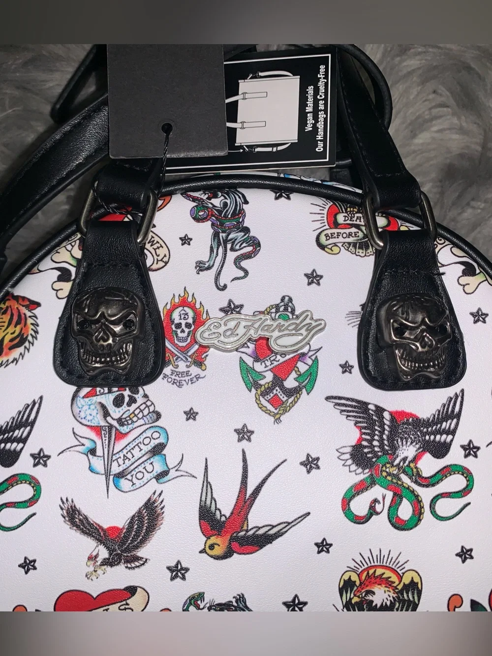 Ed Hardy White Graphic Print Mini Tote Crossbody Bag